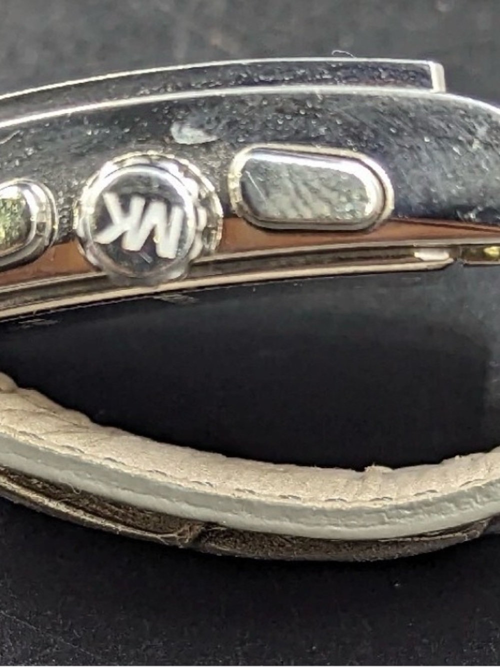 Michael Kors Silver and White Leather Strap Watch Side Detail